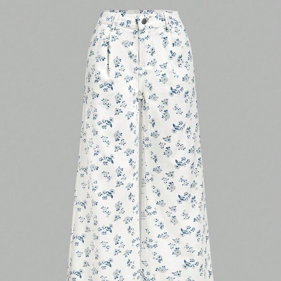 Light Wash Boho Women's Casual Loose Fit Wide Leg Ditsy Floral Jeans - Picture 2 of 6